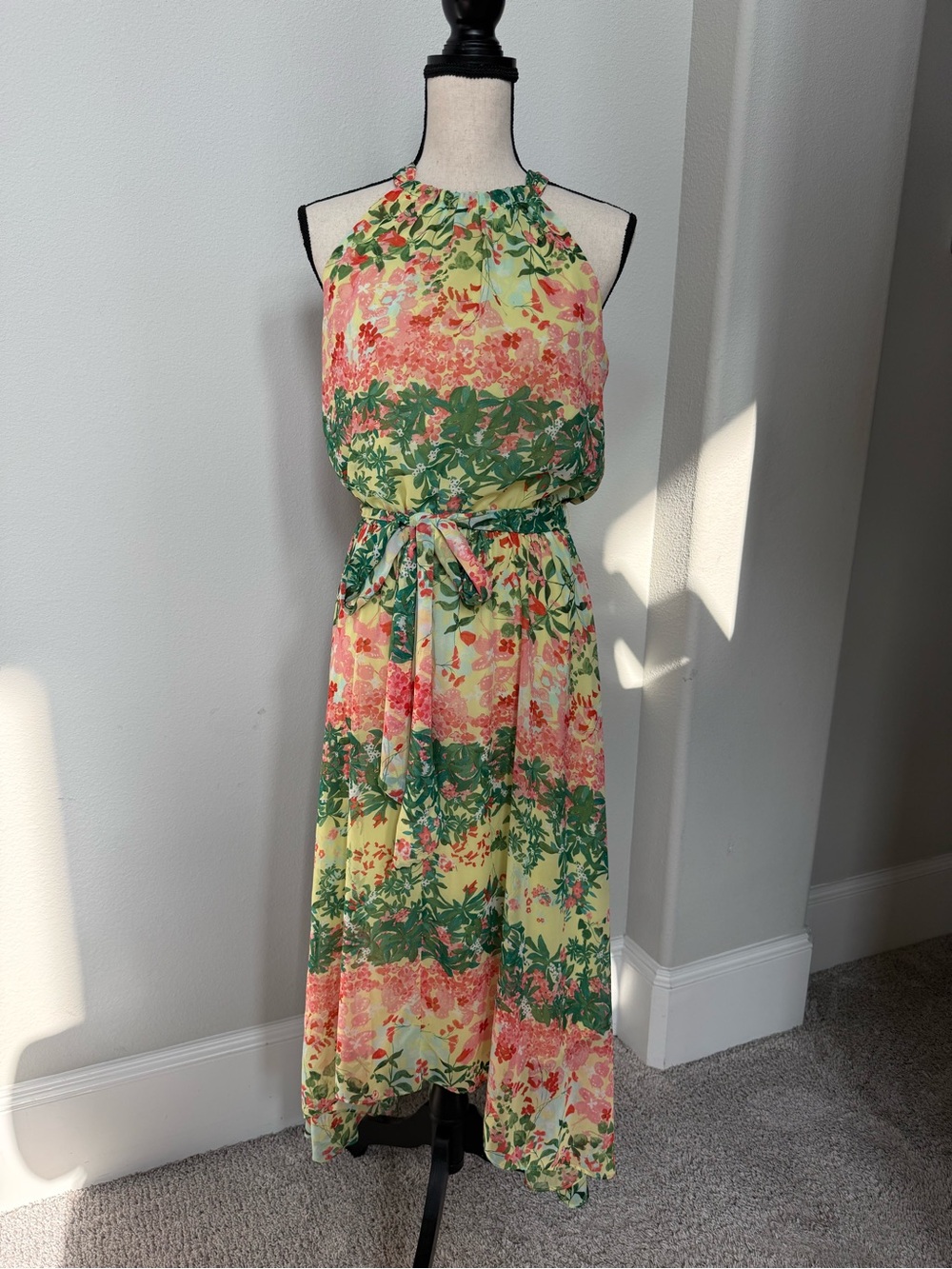 Anne Klein Yellow Floral Halter Maxi Dress with Green and Pink Accents